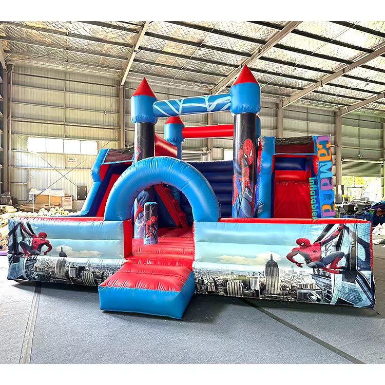 Spiderman Themed Inflatable Castle and Slide Combo Bounce House with Blower
