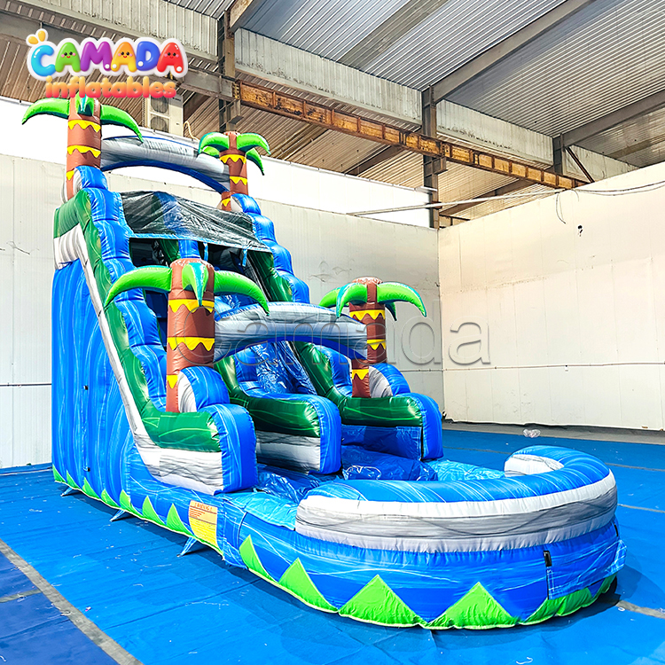 Marble Blue Palm Tree Water Slide Inflatable Castle Water Slides With Pool
