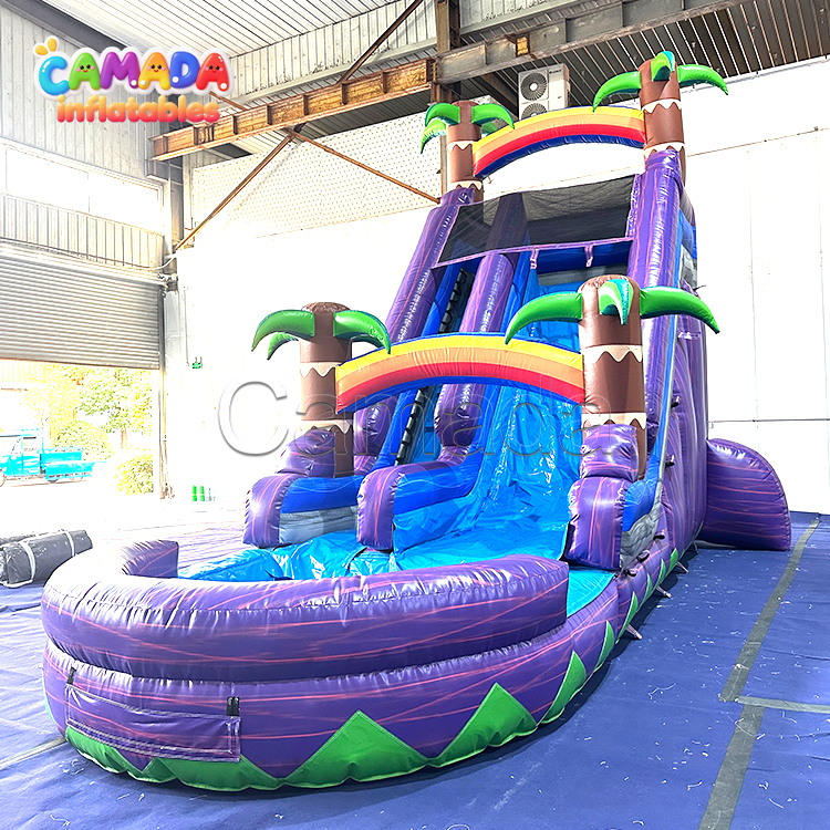 Purple Colorful Commercial Grade PVC Palm Tree Water Slide Inflatable Water Slides with Swimming Pool Bouncy Castle Water Jump House for School Use