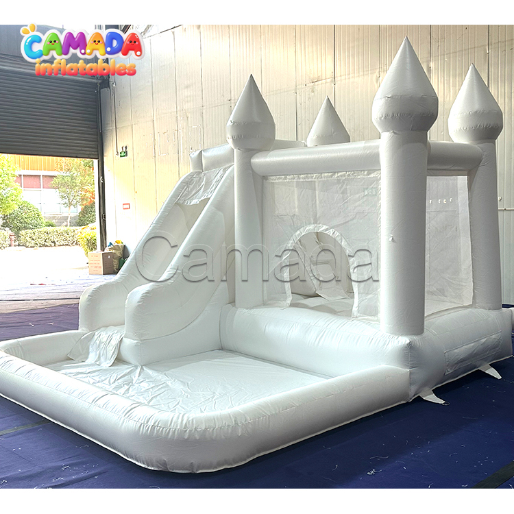 Toddler Family Indoor Outdoor Inflatable Bounce House White Castle with Slide and Large Ball Pit